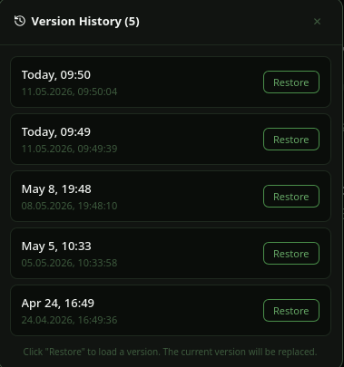 Mira version history — 5 snapshots with restore buttons